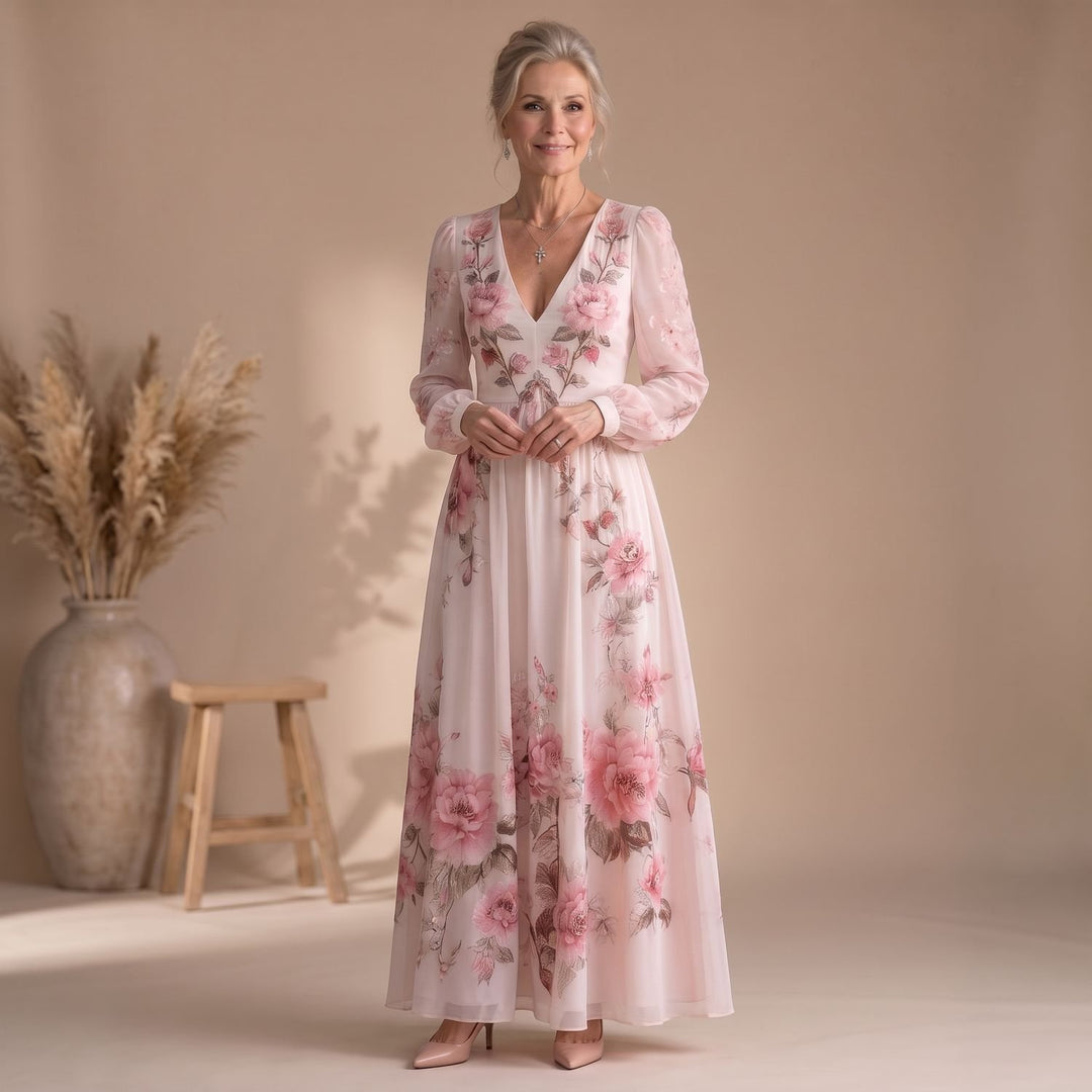 Women's Flowy Midi Long Sleeve Dress Floral V-Neck