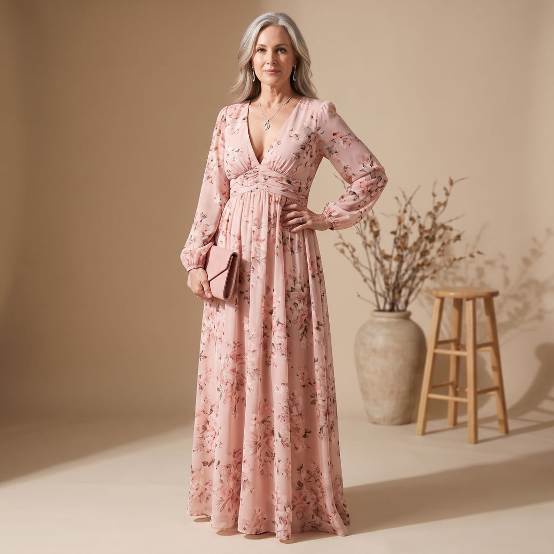 Women's Flowy Midi Long Sleeve Dress Floral V-Neck