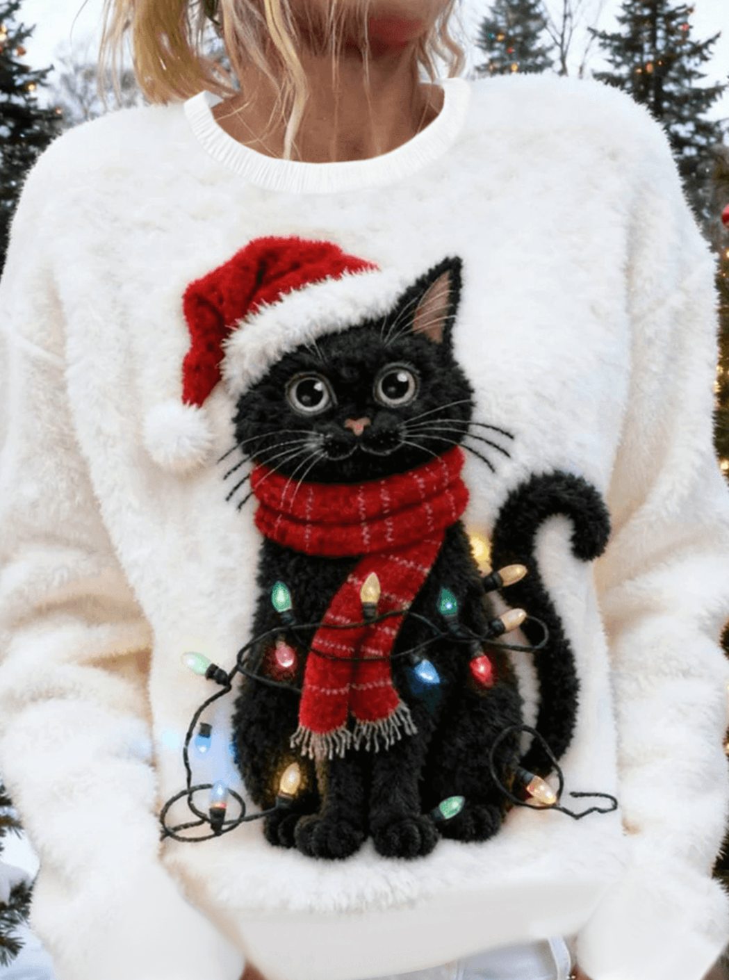 Women's Fluffy Christmas Cat Graphic Crew-Neck Sweater - White