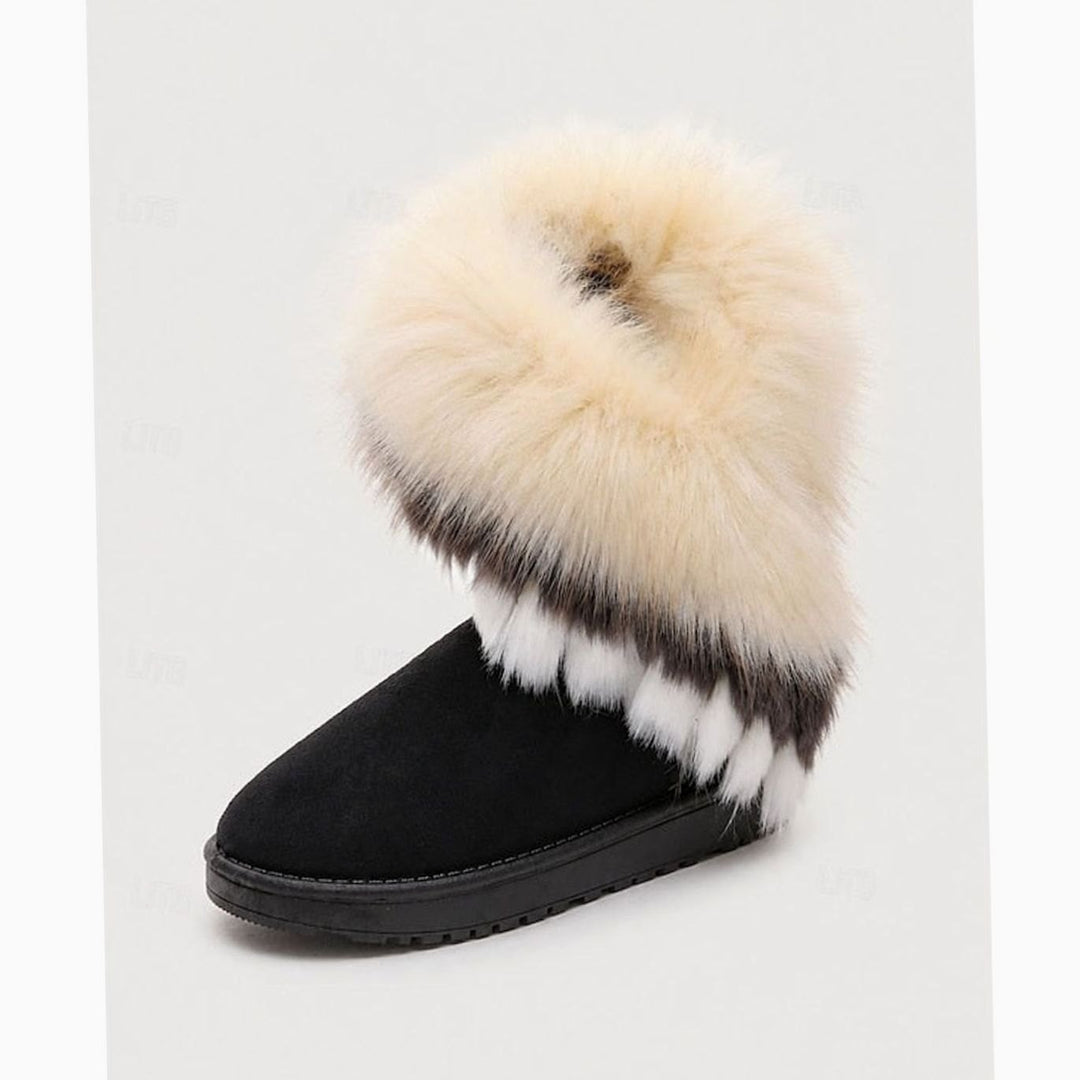 Women's Fluffy Fur-Trim Slip-On Winter Snow Boots - Black / White