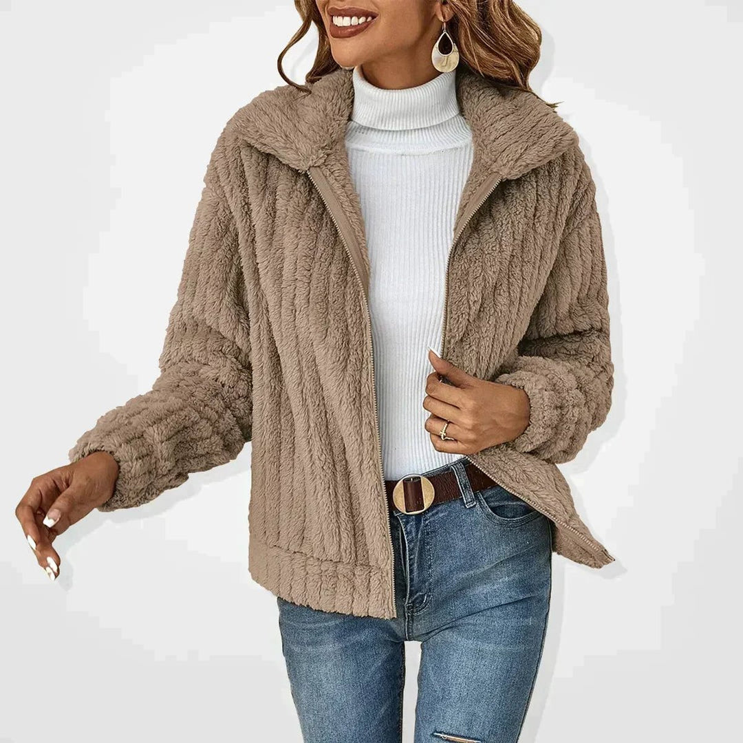 Women's Fluffy Plush Zip-Up Fleece Cardigan Jacket - Khaki