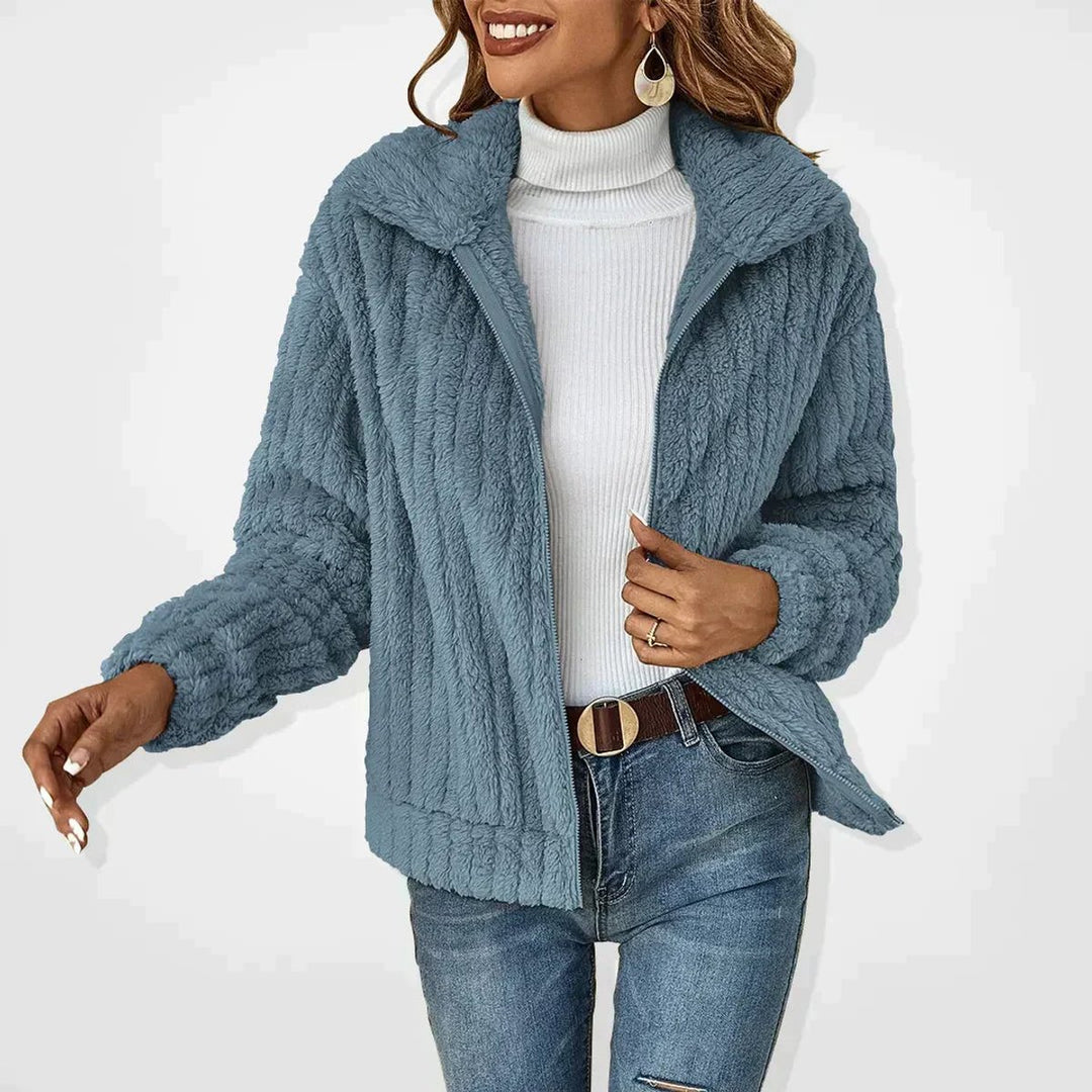Women's Fluffy Plush Zip-Up Fleece Cardigan Jacket - Blue