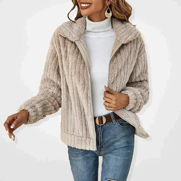 Women's Fluffy Plush Zip-Up Fleece Cardigan Jacket - Beige