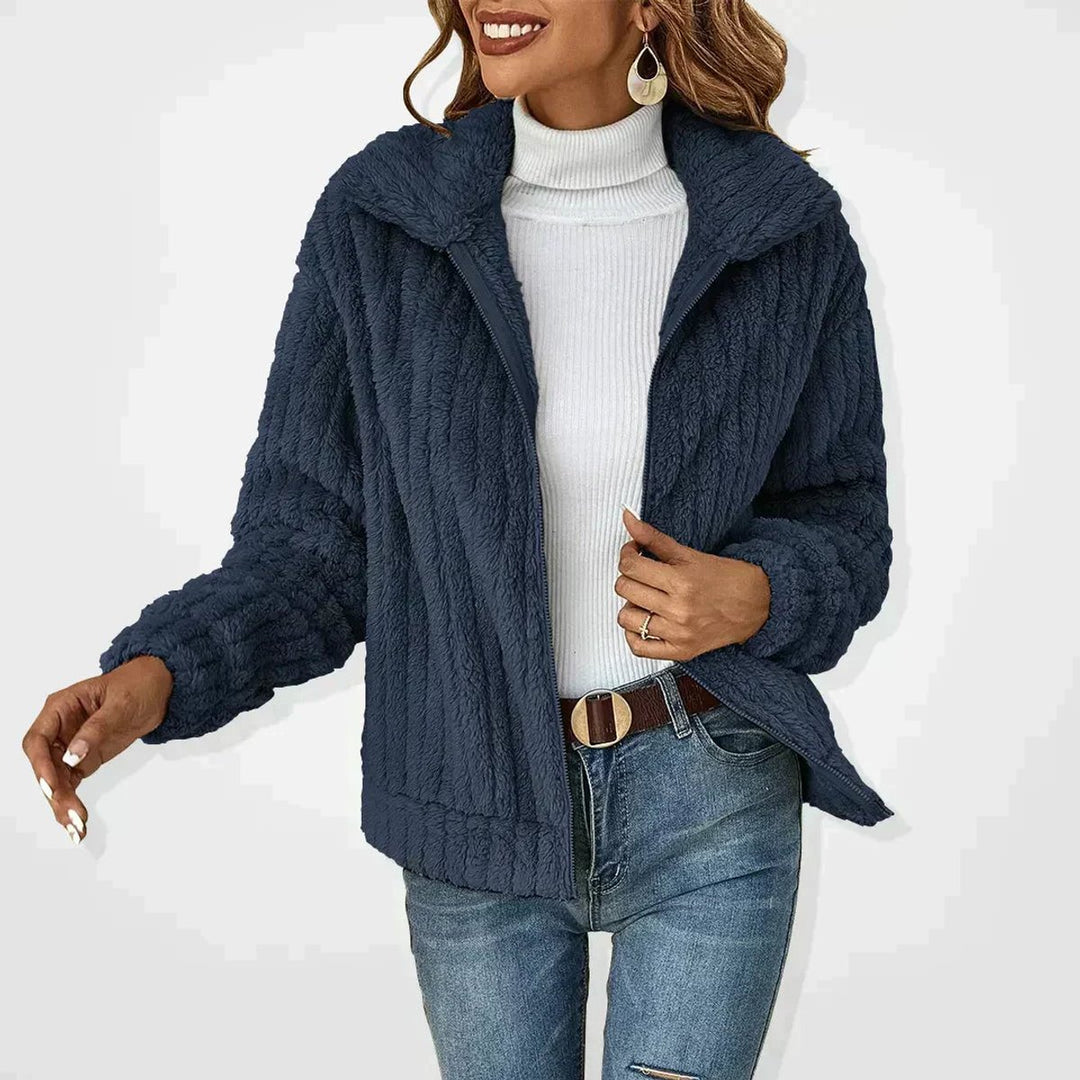 Women's Fluffy Plush Zip-Up Fleece Cardigan Jacket - Navy Blue