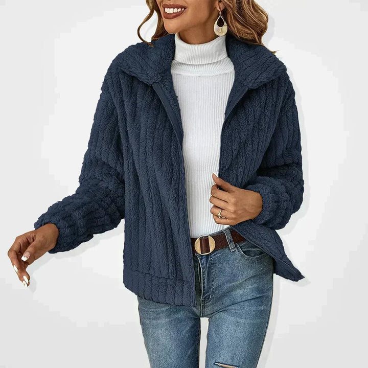 Women's Fluffy Plush Zip-Up Fleece Cardigan Jacket - Navy Blue