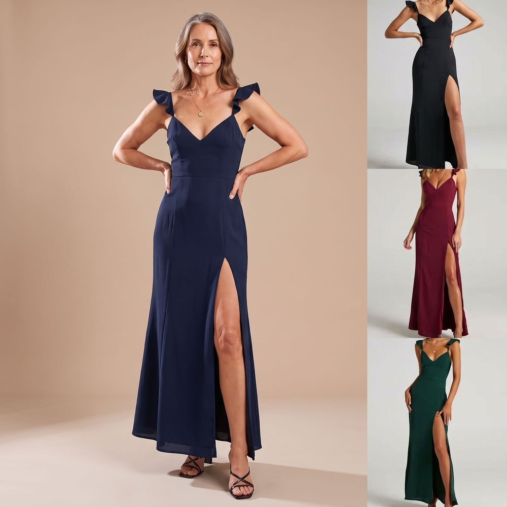 Women's Formal Maxi Dress V-Neck Tie-Shoulder Side Slit Gown