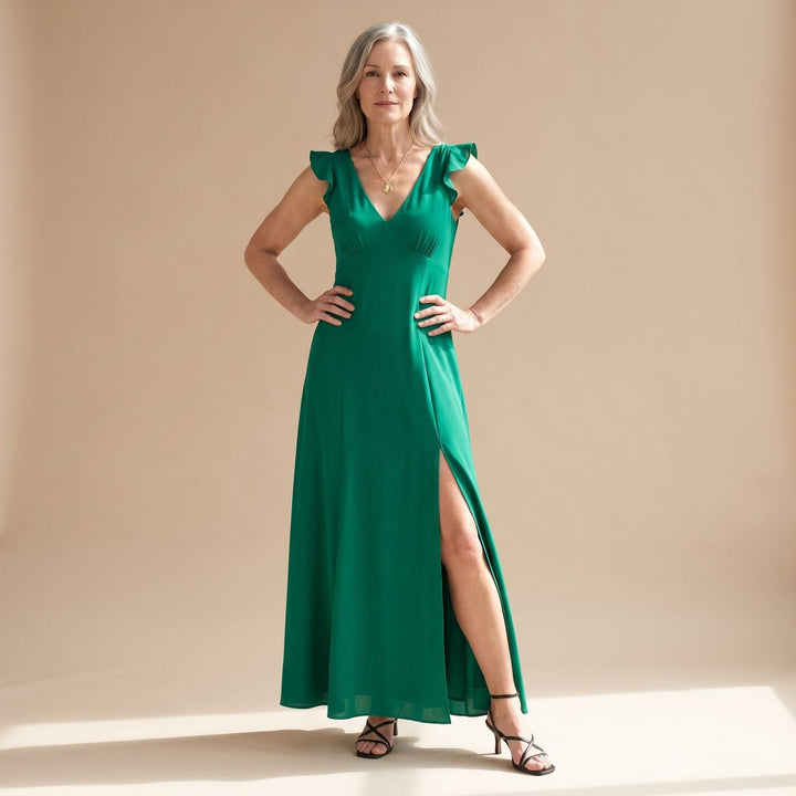 Women's Formal Maxi Dress V-Neck Tie-Shoulder Side Slit Gown - Green