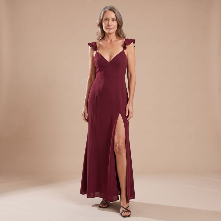 Women's Formal Maxi Dress V-Neck Tie-Shoulder Side Slit Gown - Burgundy