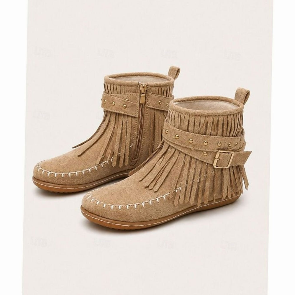 Women's Fringe Moccasin Flat Ankle Boots Buckle Strap Side Zip - Beige