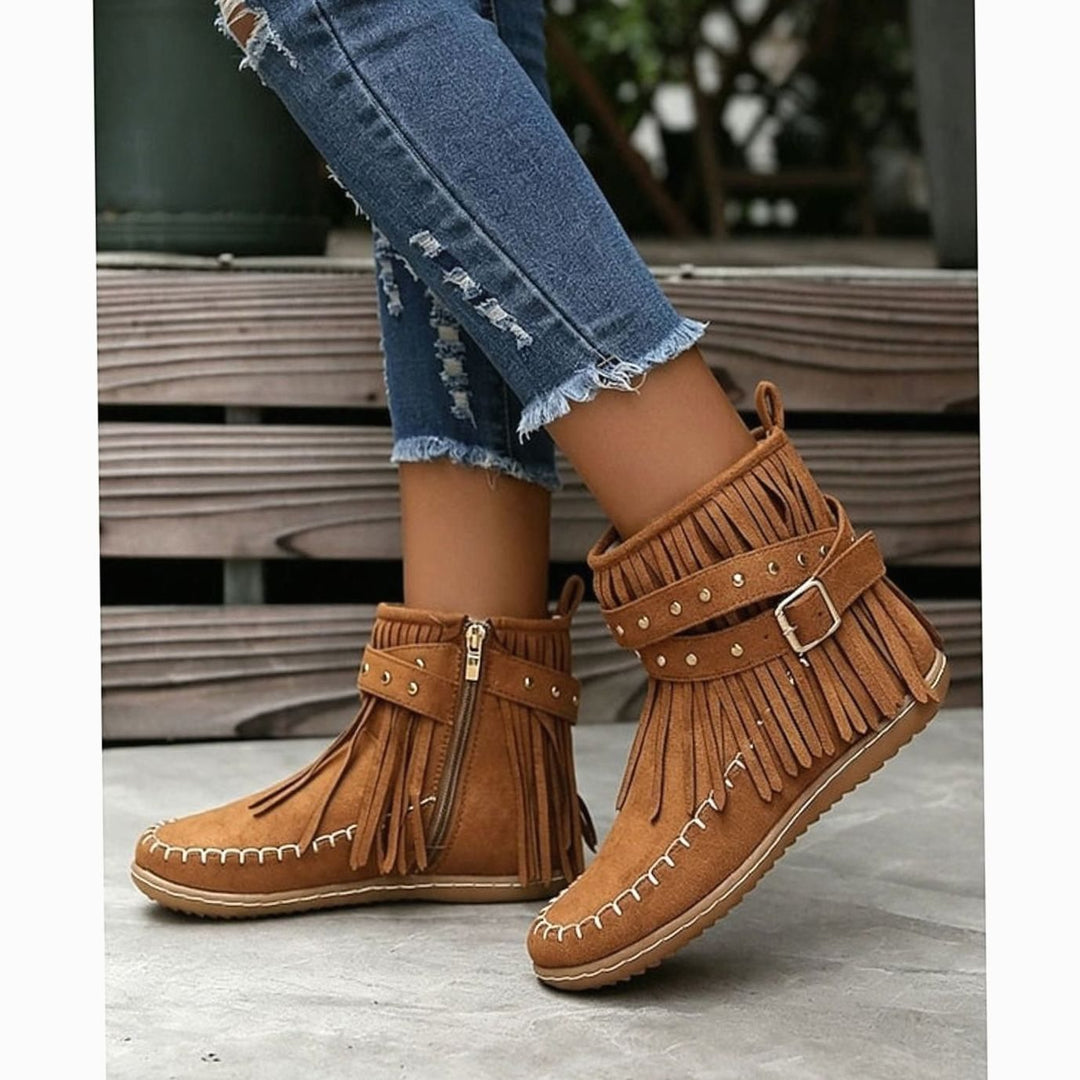 Women's Fringe Moccasin Flat Ankle Boots Buckle Strap Side Zip