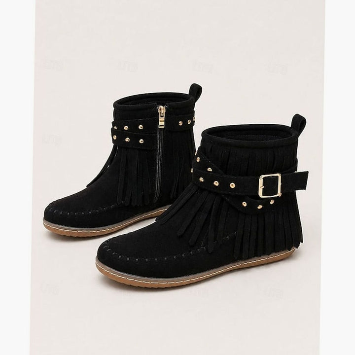 Women's Fringe Moccasin Flat Ankle Boots Buckle Strap Side Zip - Black
