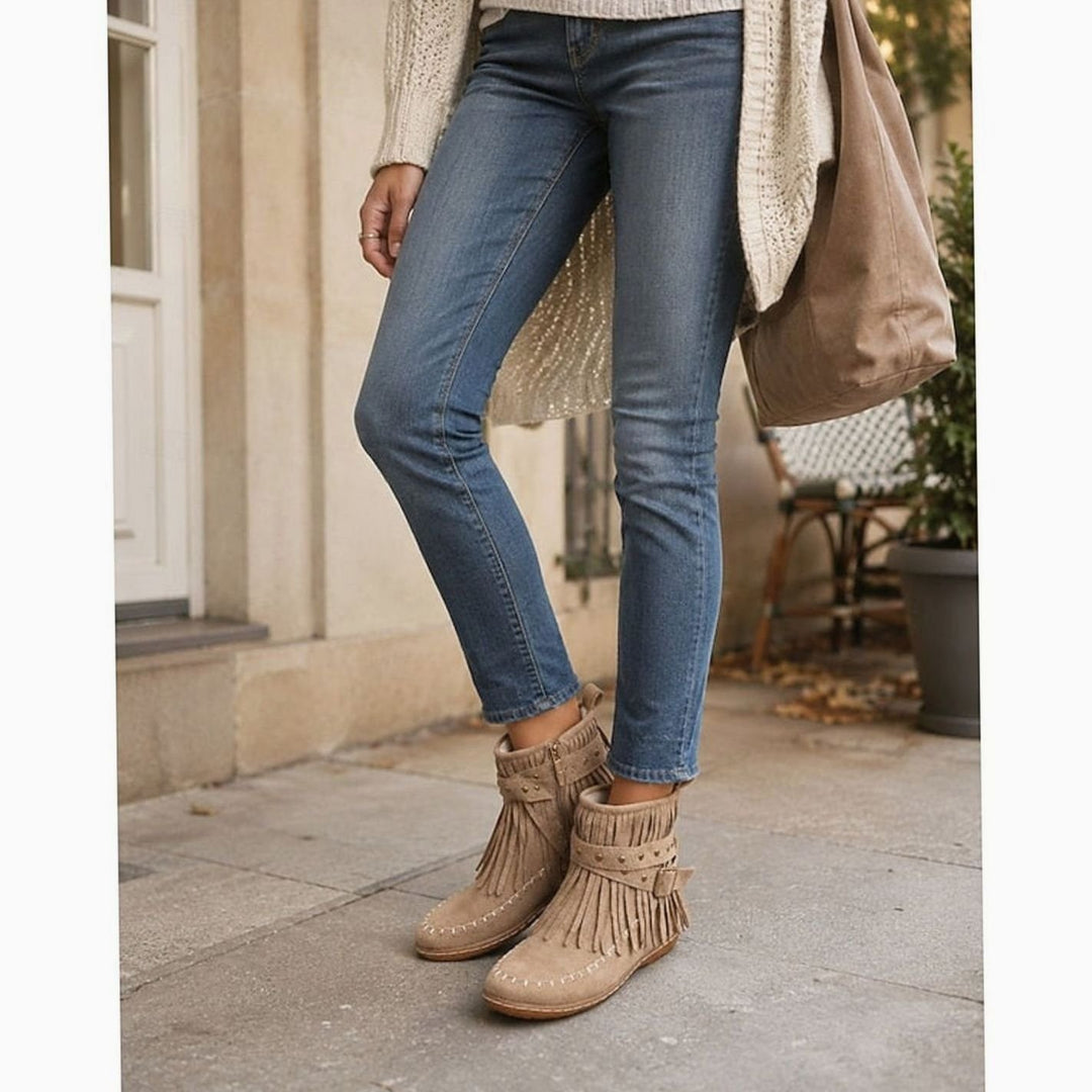 Women's Fringe Moccasin Flat Ankle Boots Buckle Strap Side Zip