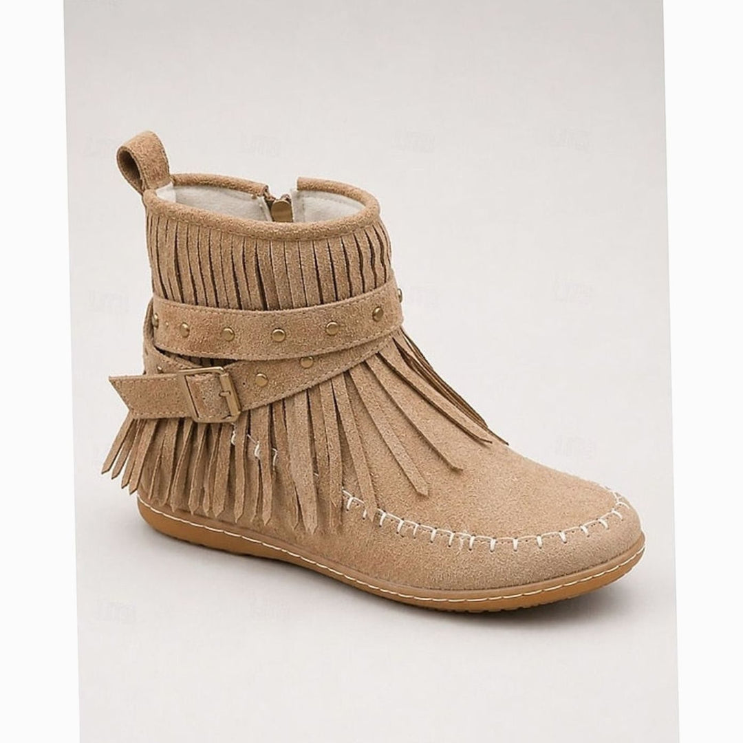 Women's Fringe Moccasin Flat Ankle Boots Buckle Strap Side Zip