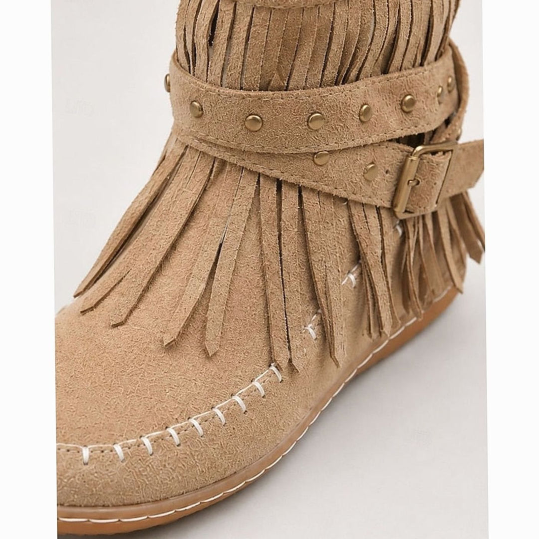 Women's Fringe Moccasin Flat Ankle Boots Buckle Strap Side Zip