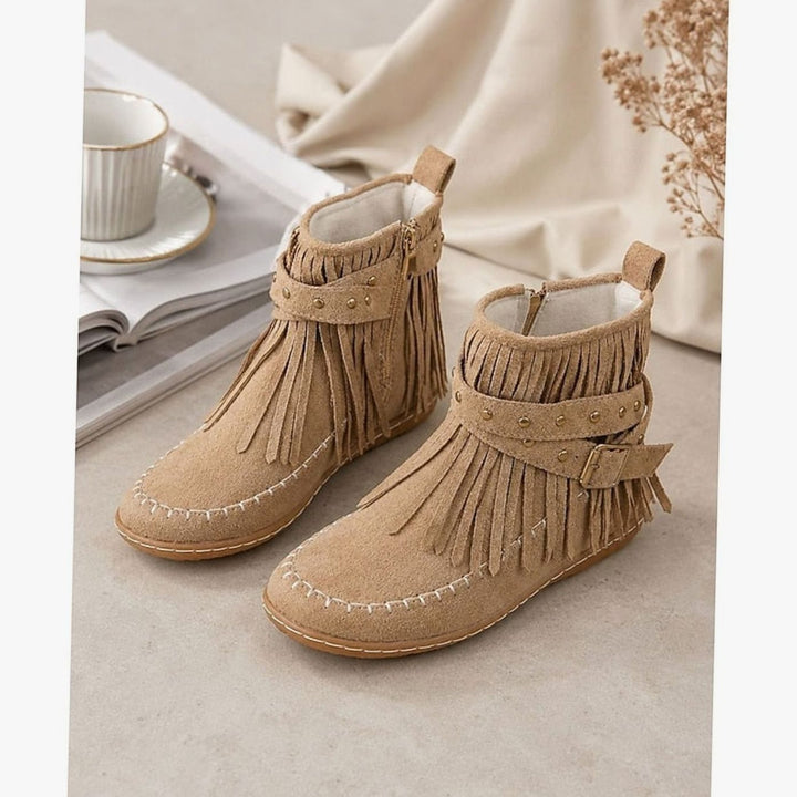 Women's Fringe Moccasin Flat Ankle Boots Buckle Strap Side Zip