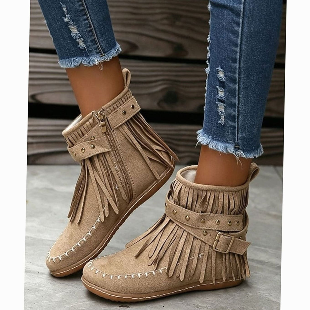 Women's Fringe Moccasin Flat Ankle Boots Buckle Strap Side Zip