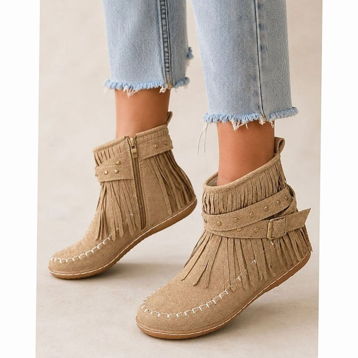 Women's Fringe Moccasin Flat Ankle Boots Buckle Strap Side Zip
