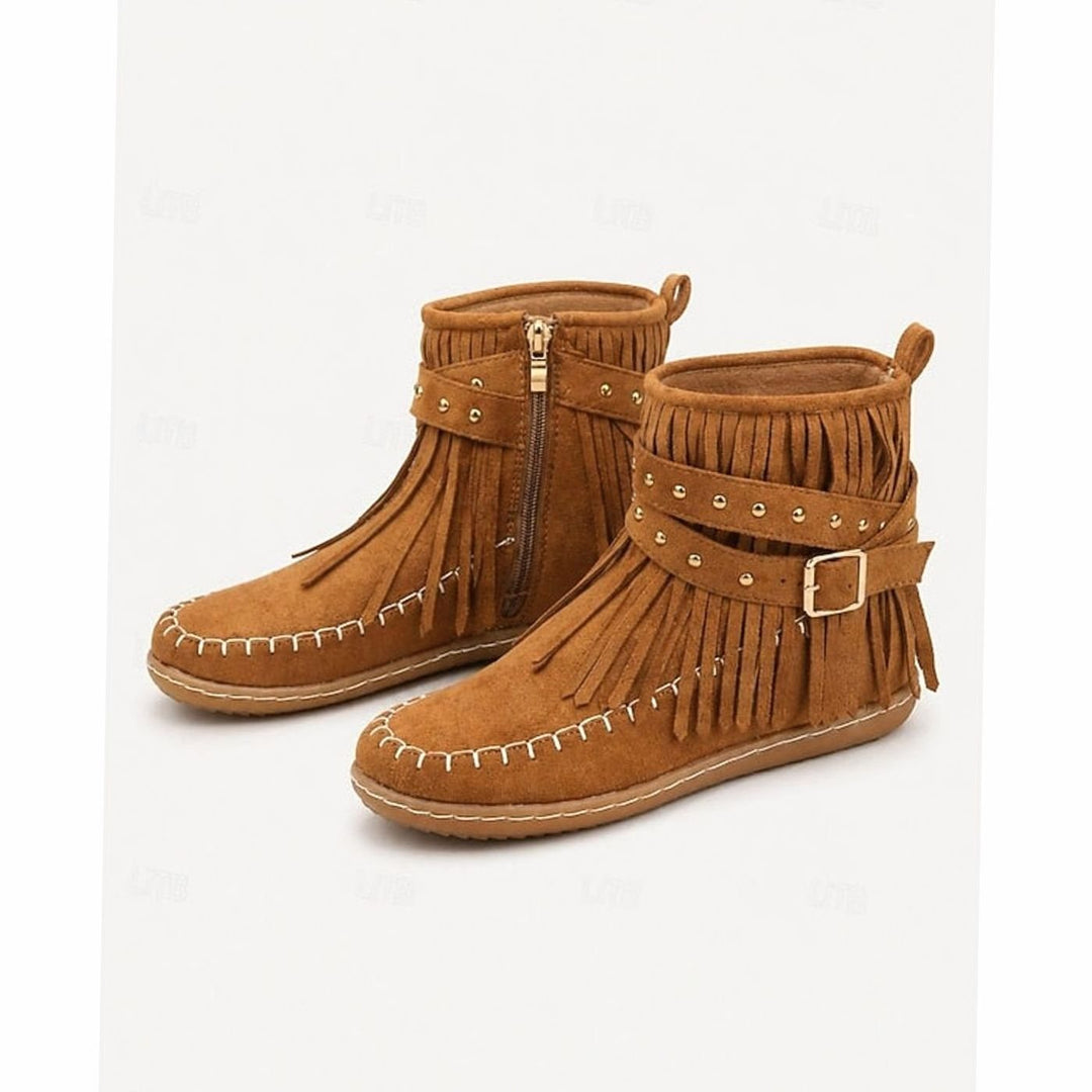 Women's Fringe Moccasin Flat Ankle Boots Buckle Strap Side Zip - Brown