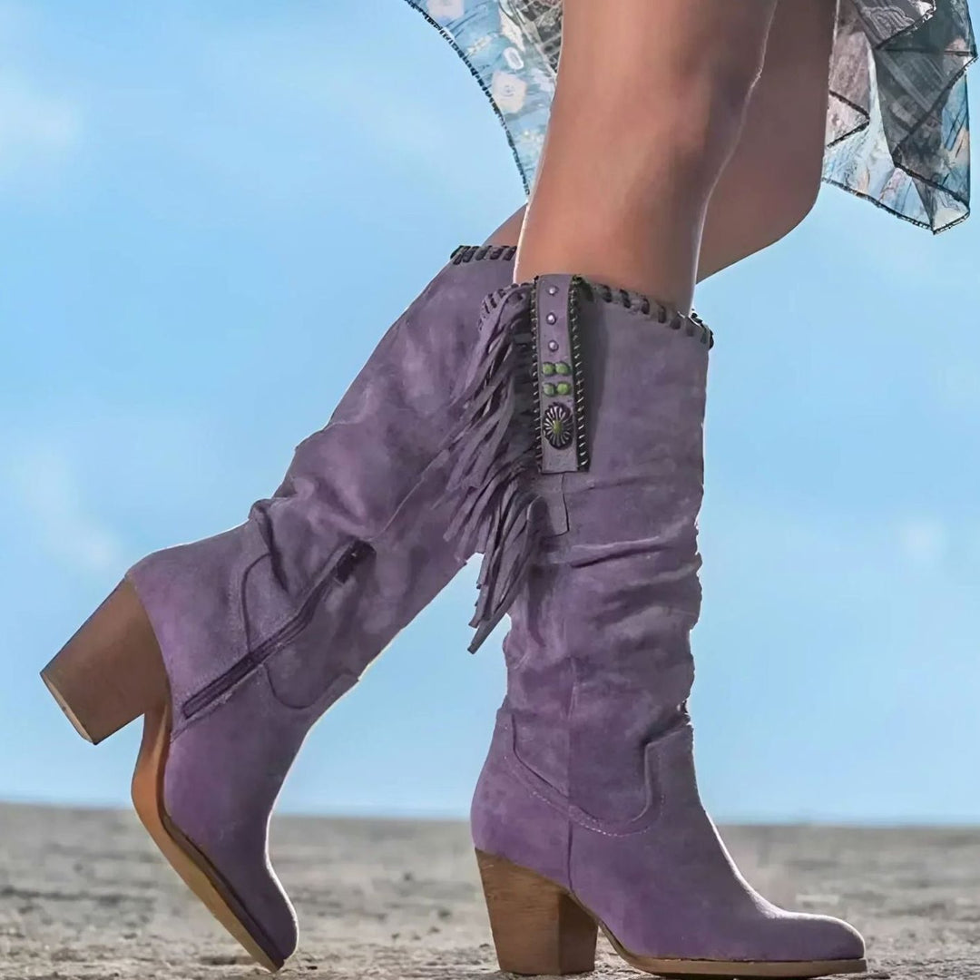 Women's Fringe Slouch Block-Heel Knee High Cowboy Boots - Lilac