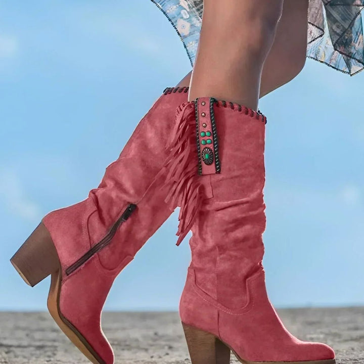 Women's Fringe Slouch Block-Heel Knee High Cowboy Boots - Pink