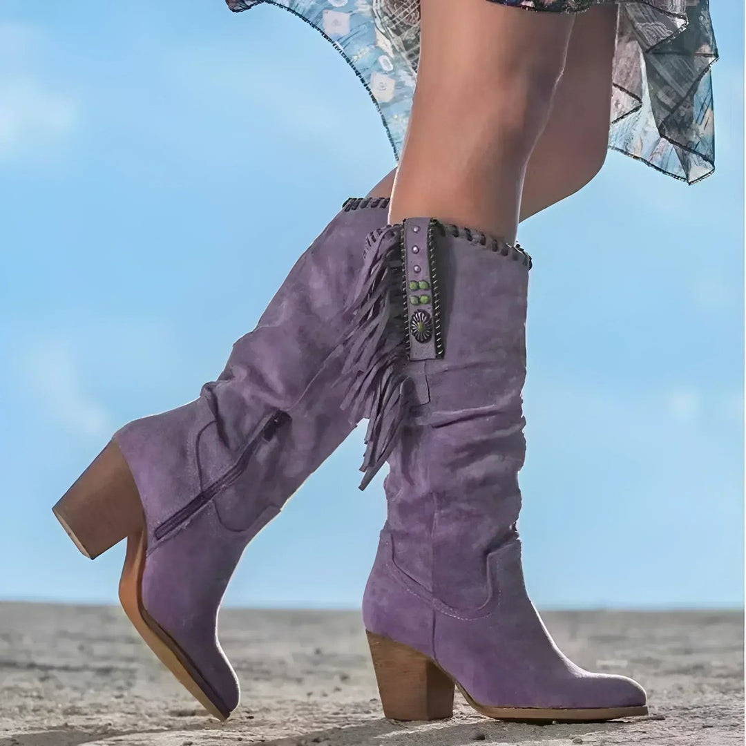 Women's Fringe Tassel Suede Western Knee High Boots Block Heel - Purple
