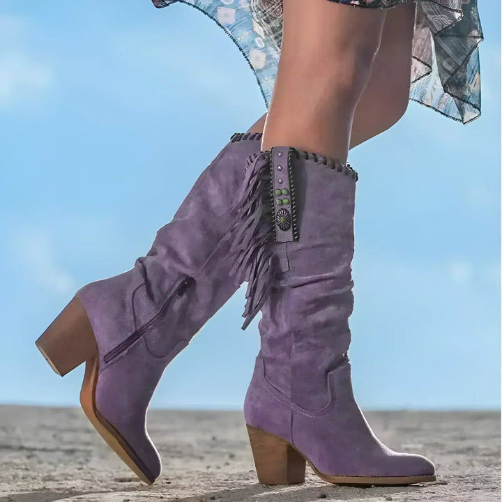 Women's Fringe Tassel Suede Western Knee High Boots Block Heel - Purple