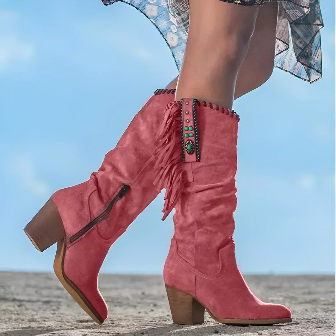 Women's Fringe Tassel Suede Western Knee High Boots Block Heel - Red