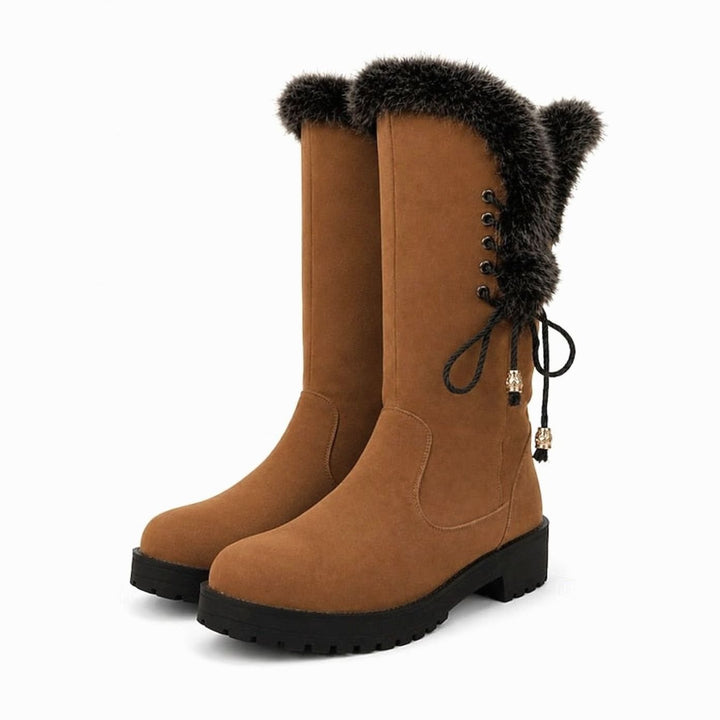 Women's Fur-Trimmed Knee-High Snow Boots Low Block Heel