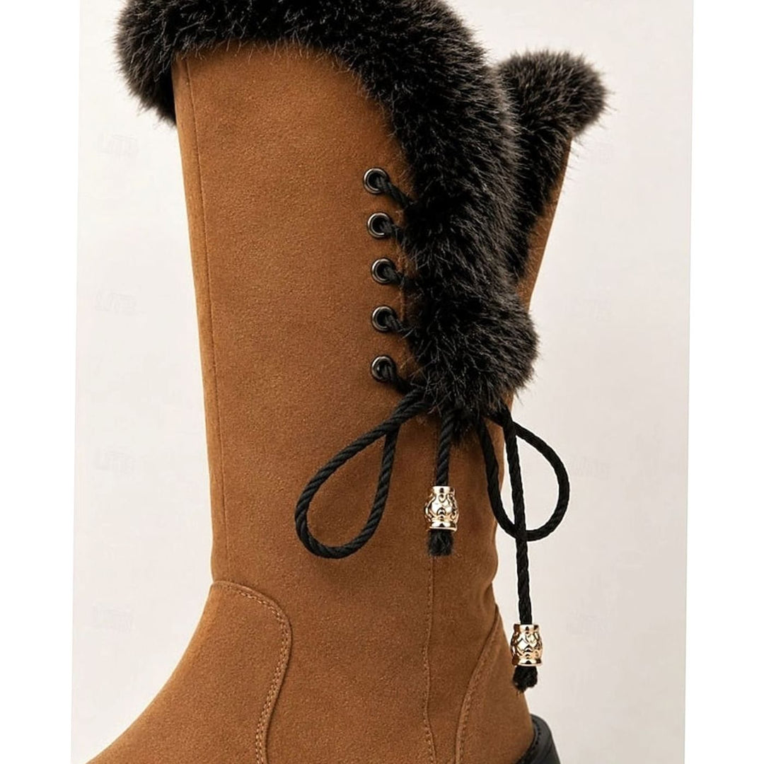 Women's Fur-Trimmed Knee-High Snow Boots Low Block Heel