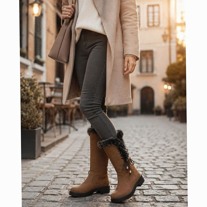 Women's Fur-Trimmed Knee-High Snow Boots Low Block Heel
