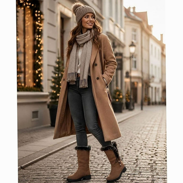 Women's Fur-Trimmed Knee-High Snow Boots Low Block Heel