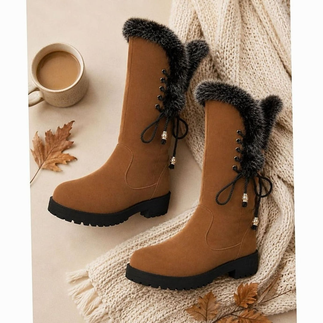 Women's Fur-Trimmed Knee-High Snow Boots Low Block Heel