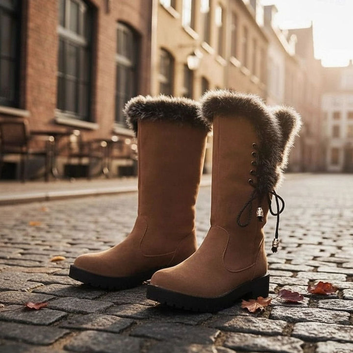 Women's Fur-Trimmed Knee-High Snow Boots Low Block Heel