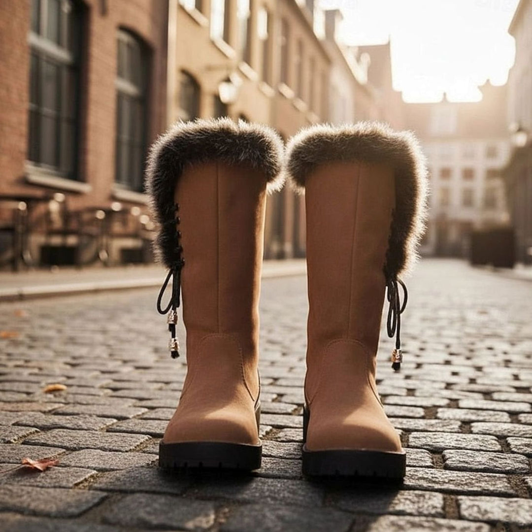 Women's Fur-Trimmed Knee-High Snow Boots Low Block Heel