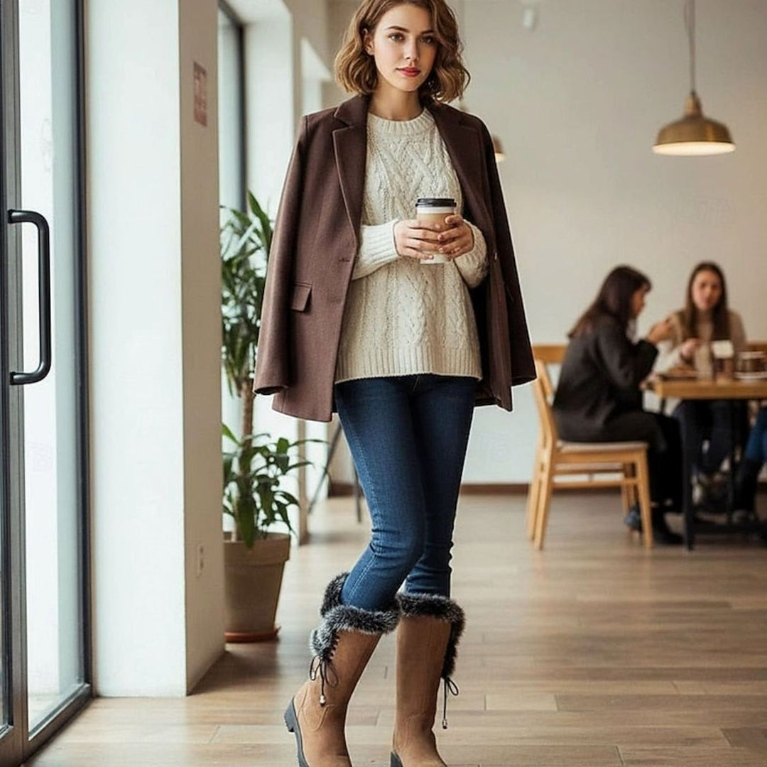 Women's Fur-Trimmed Knee-High Snow Boots Low Block Heel