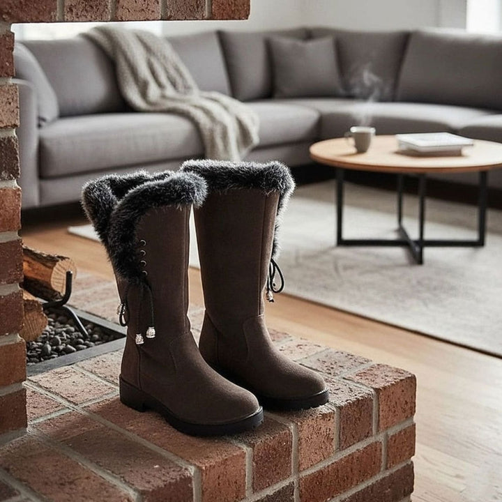 Women's Fur-Trimmed Knee-High Snow Boots Low Block Heel - Dark Brown