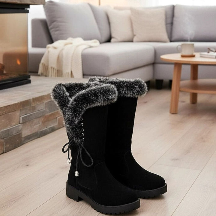 Women's Fur-Trimmed Knee-High Snow Boots Low Block Heel - Black