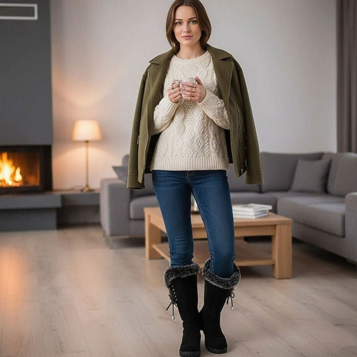 Women's Fur-Trimmed Knee-High Snow Boots Low Block Heel