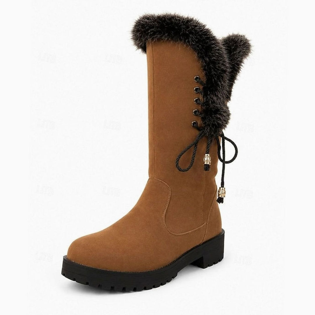 Women's Fur-Trimmed Knee-High Snow Boots Low Block Heel