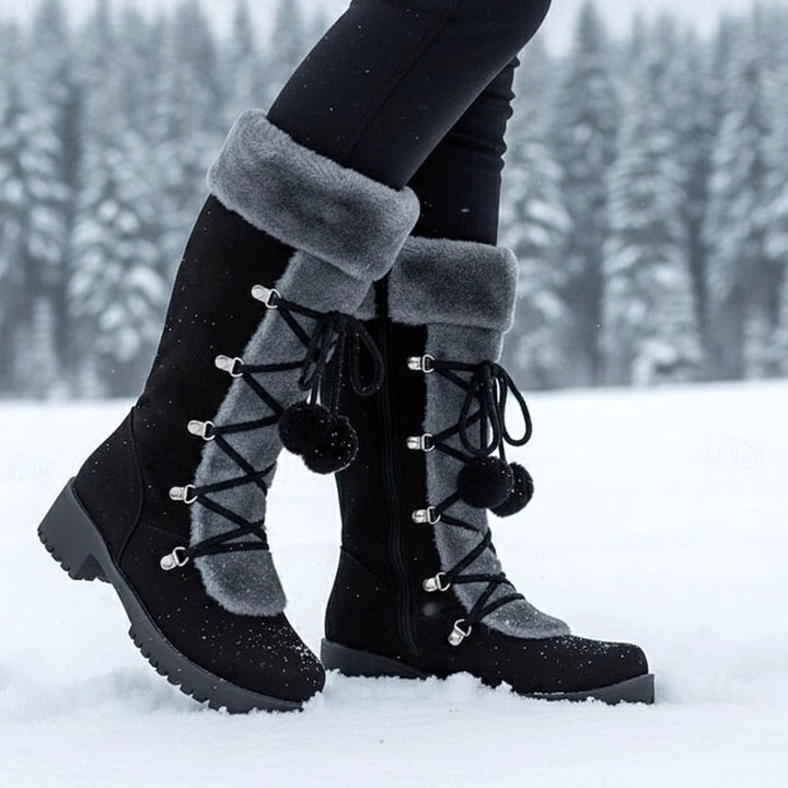 Women's Fur-Trimmed Lace-Up Mid-Calf Snow Boots - Black
