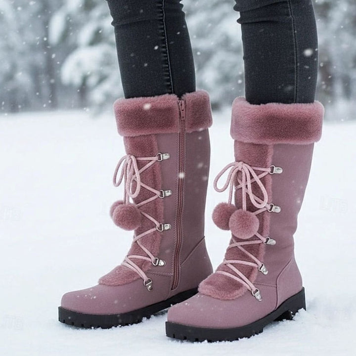 Women's Fur-Trimmed Lace-Up Mid-Calf Snow Boots - Purple