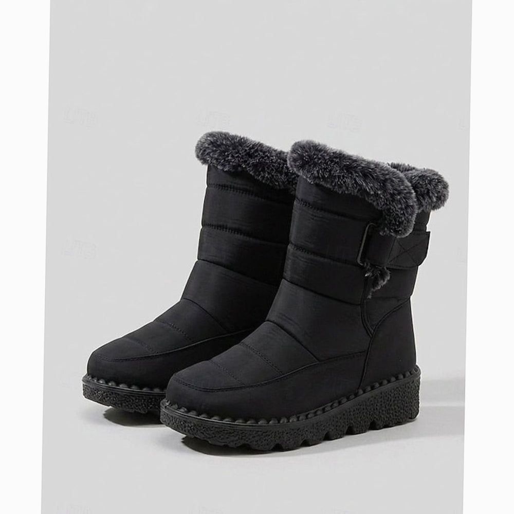 Women's Fur-Trimmed Quilted Slip-On Winter Snow Boots - Black