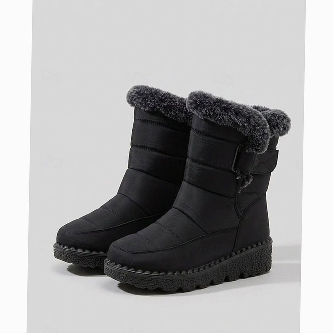 Women's Fur-Trimmed Quilted Slip-On Winter Snow Boots - Black