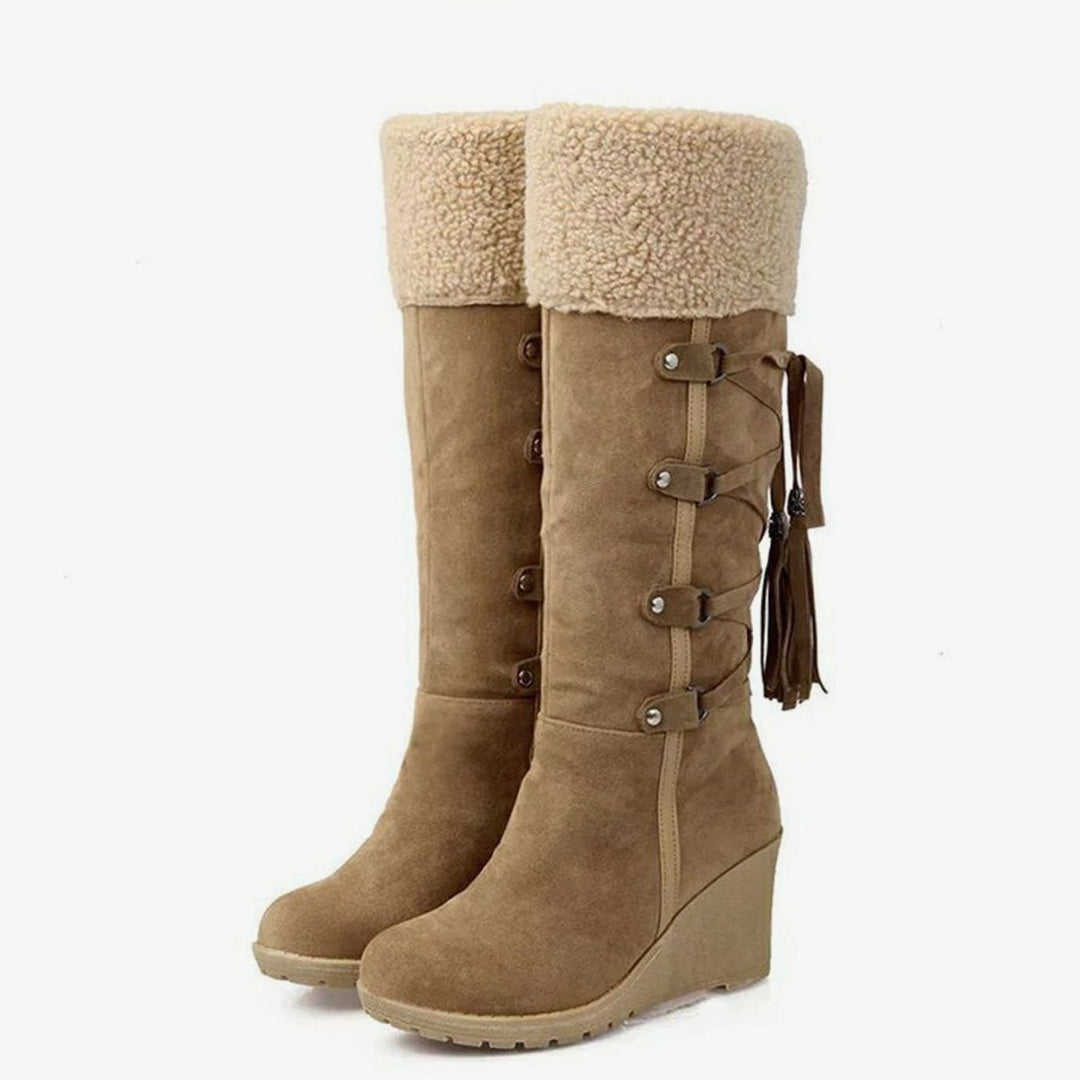 Women's Fur-Trimmed Wedge Knee-High Winter Boots - Brown