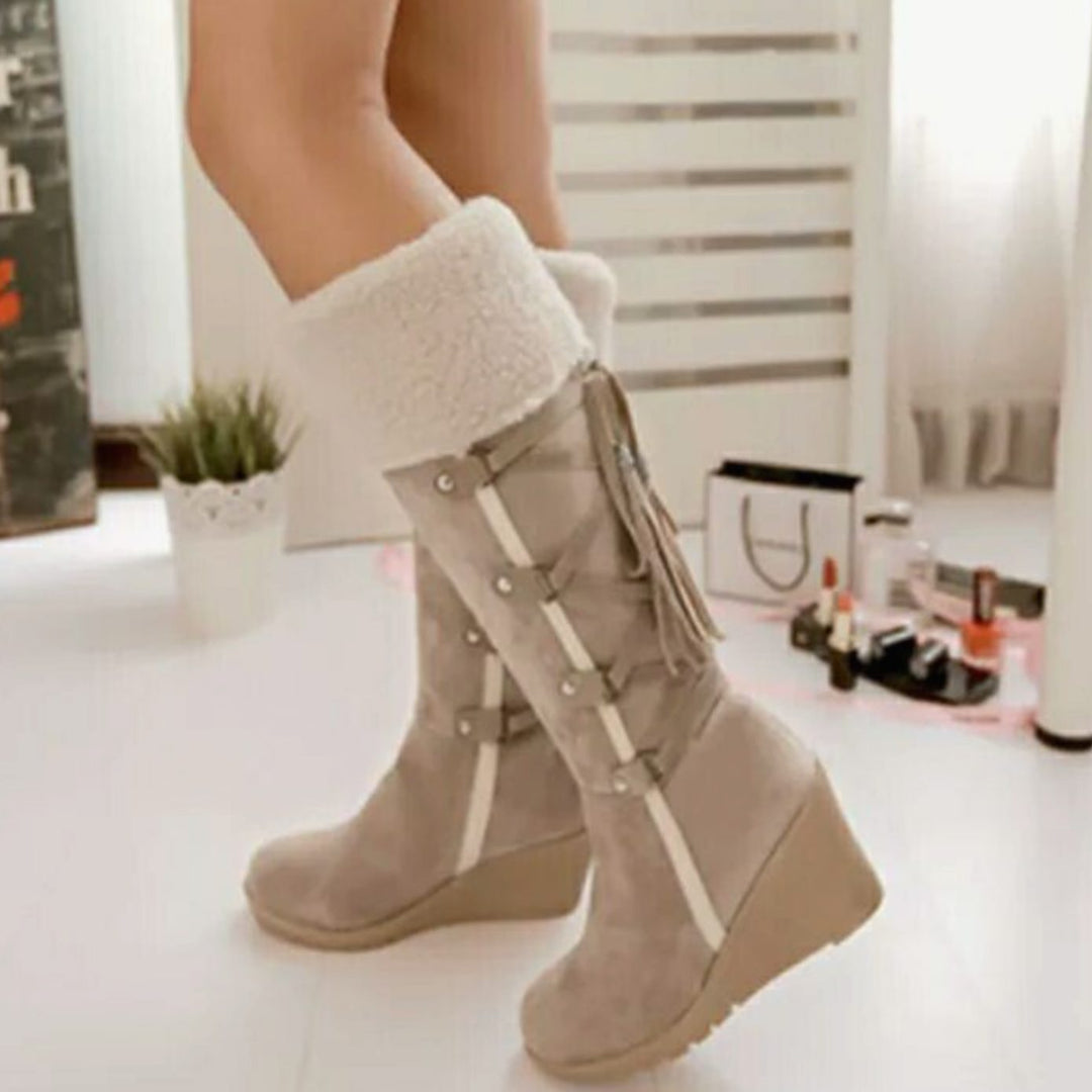 Women's Fur-Trimmed Wedge Knee-High Winter Boots - Beige