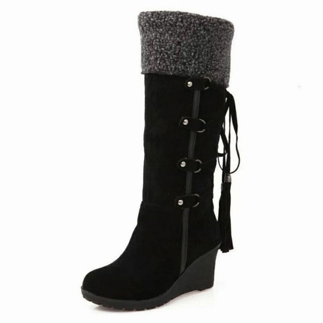 Women's Fur-Trimmed Wedge Knee-High Winter Boots - Black