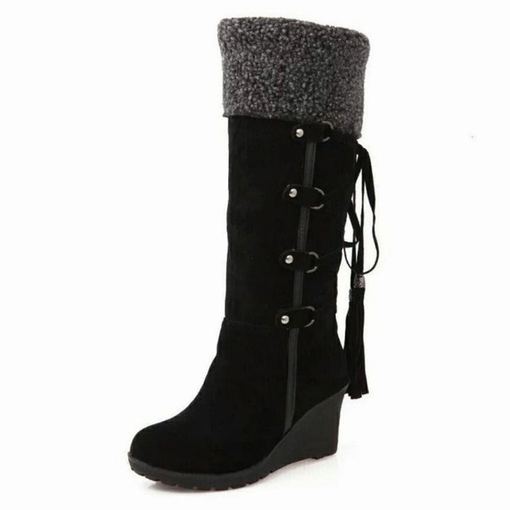 Women's Fur-Trimmed Wedge Knee-High Winter Boots - Black