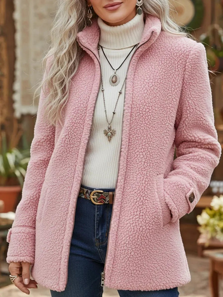 Women's Fuzzy Fleece Full-Zip Stand Collar Coat - Pink