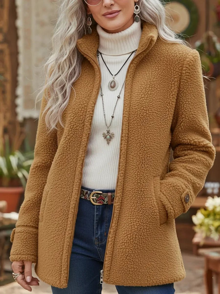 Women's Fuzzy Fleece Full-Zip Stand Collar Coat - Camel