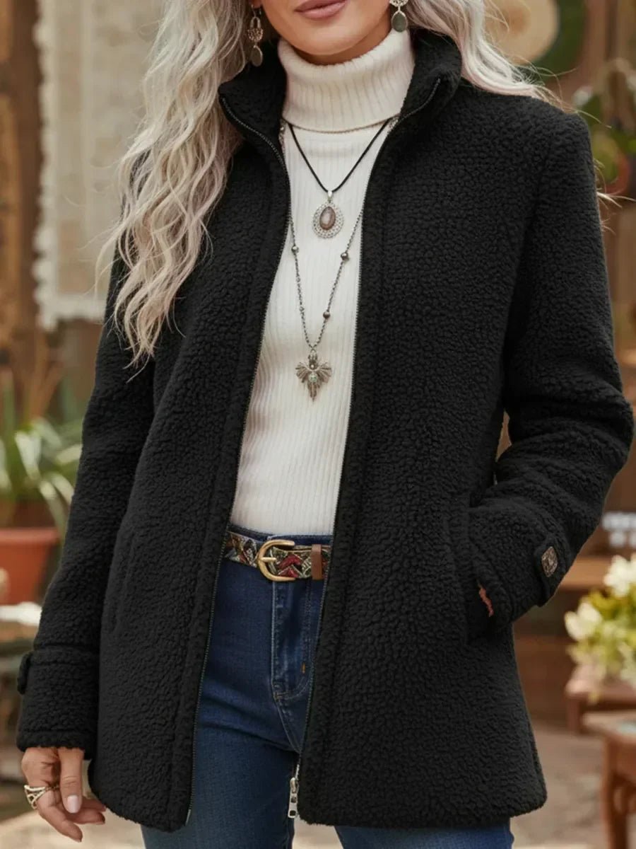 Women's Fuzzy Fleece Full-Zip Stand Collar Coat - Black